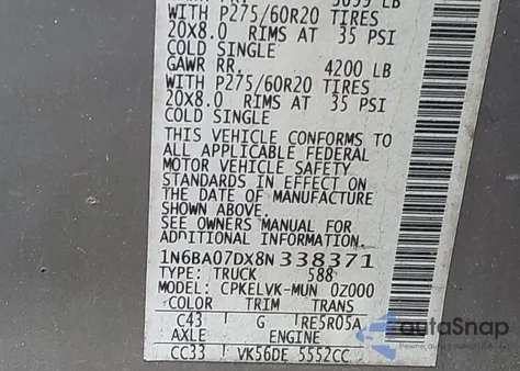 2008 Nissan Titan Se z USA, uszkodzony, nr VIN 1N6BA07DX8N338371